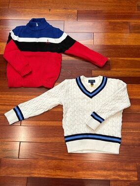 Polo by Ralph Lauren Cream Cable V-Neck Sweater with Blue & Black Trim